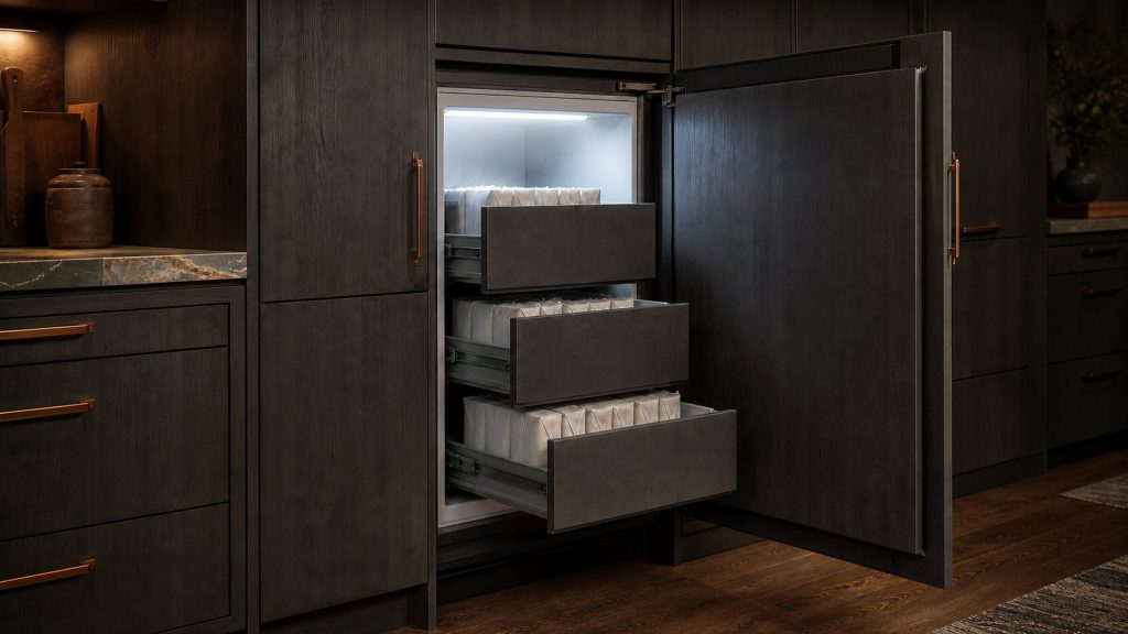 A 36-inch integrated panel-ready all-freezer column standing open in a warm charcoal kitchen run, the appliance's own panel carried on the door, three deep drawers pulled out on their runners with wrapped frozen parcels standing on edge, cold white light and vapour against the dark cabinetry, burnt copper hardware on the fronts beside it.