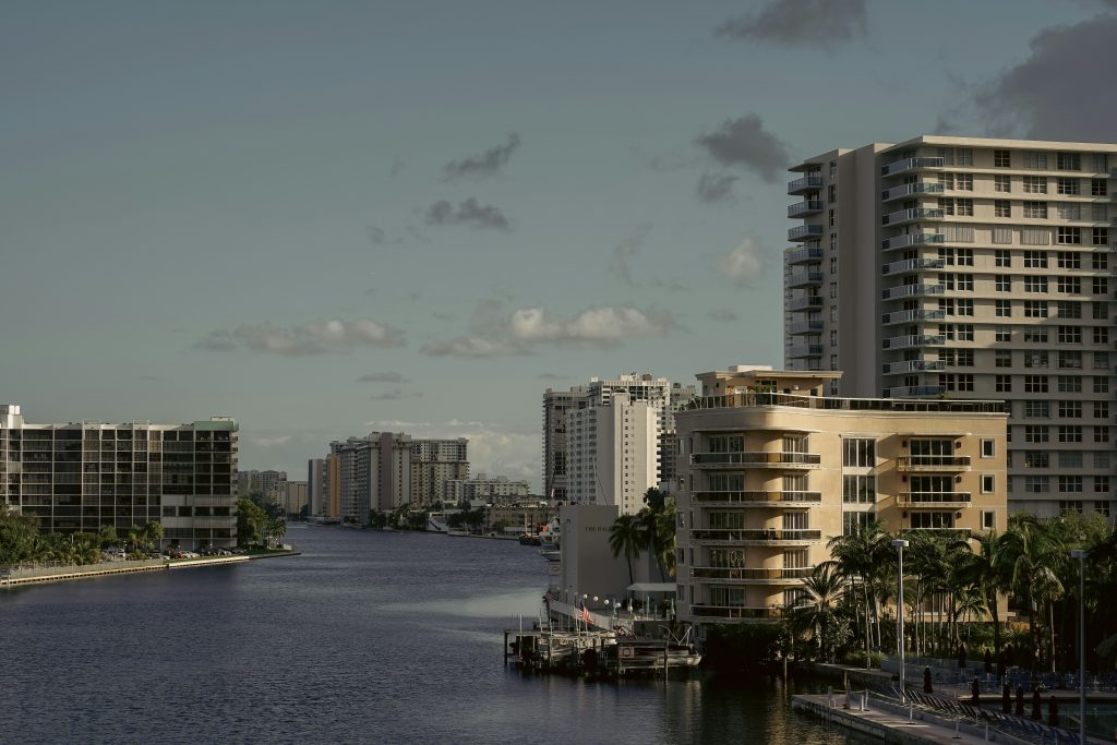 Condominium buildings along the Intracoastal Waterway in the evening