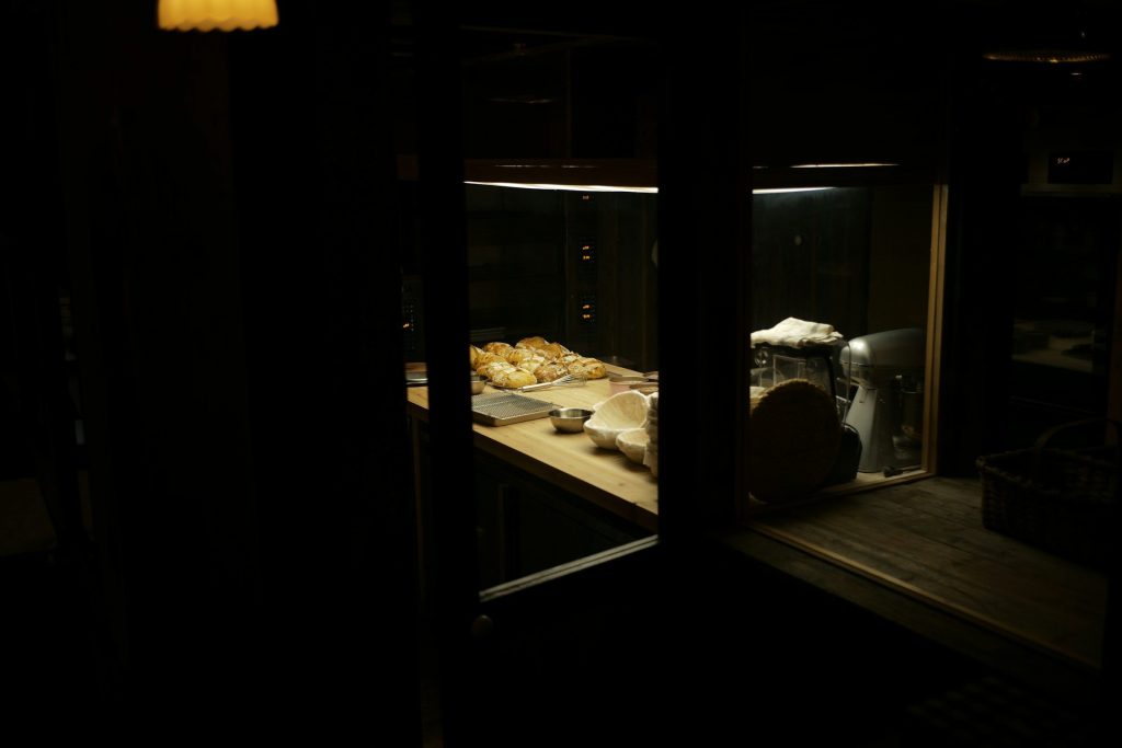 A dish inside a dark oven, seen through the closed door